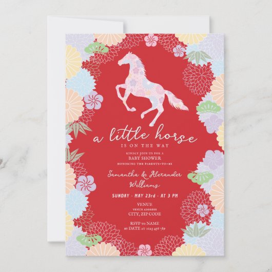 2026 Little Horse Floral Red Garden Baby Shower 招待状 (正面)