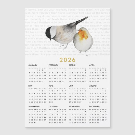 2026 Matthew 6:26 Water Color Birds Calendar Magne (正面)