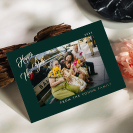 2026 Minimalist Modern Script Green Photo 箔シーズンカード