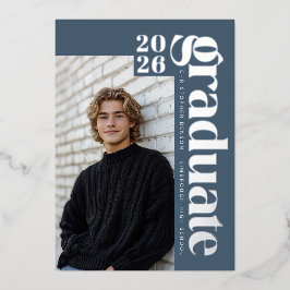 2026 Modern Blue 4 Photo Graduation Silver 箔招待状