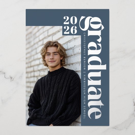 2026 Modern Blue 4 Photo Graduation Silver 箔招待状 (正面)