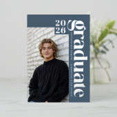 2026 Modern Blue 4 Photo Graduation Silver 箔招待状 (立ち正面)