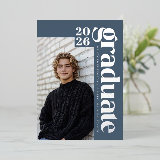 2026 Modern Blue 4 Photo Graduation Silver 箔招待状 (立ち正面)