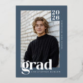 2026 Modern Blue 4 Photo Graduation Silver 箔招待状 (正面)