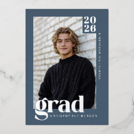 2026 Modern Blue 4 Photo Graduation Silver 箔招待状