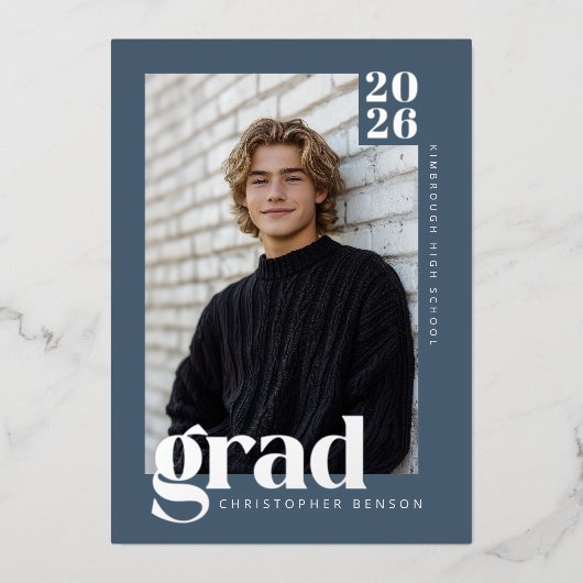 2026 Modern Blue 4 Photo Graduation Silver 箔招待状 (正面)