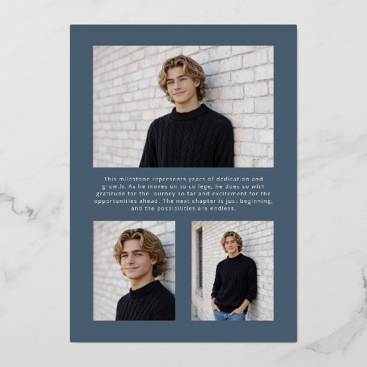 2026 Modern Blue 4 Photo Graduation Silver 箔招待状 (裏面)