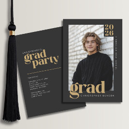 2026 Modern Charcoal Gold Graduation Party 招待状