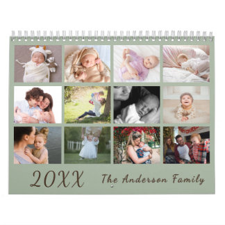 2026 Modern Family Photo Calendar – green & brown カレンダー