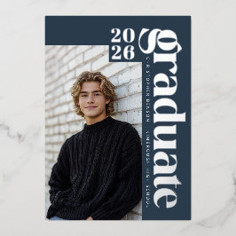 2026 Modern Graduate Blue Photo Graduation Silver 箔招待状