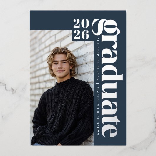 2026 Modern Graduate Blue Photo Graduation Silver 箔招待状 (正面)