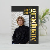 2026 Modern Graduate Gray 4 Photo Graduation Gold 箔招待状 (立ち正面)