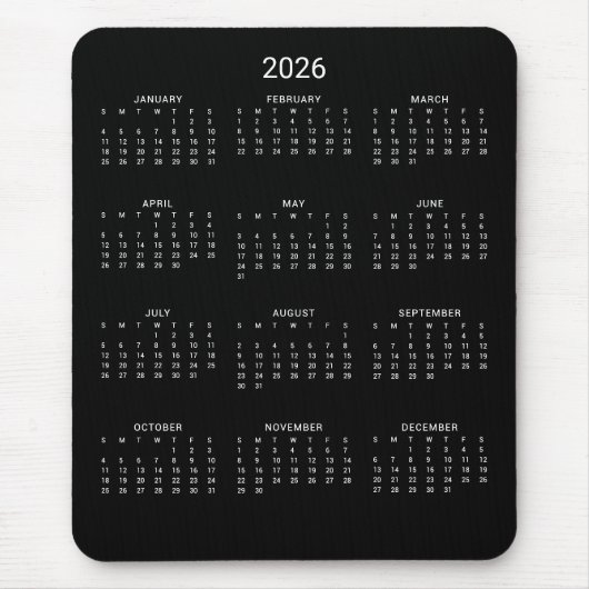 2026 Modern Minimalist Black Calendar マウスパッド (正面)