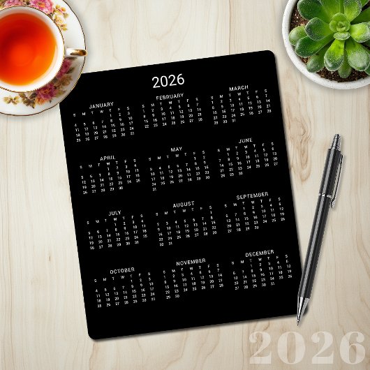 2026 Modern Minimalist Black Calendar マウスパッド