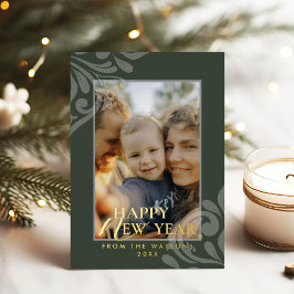 2026 Modern Minimalist Damask Typography Green 箔シーズンカード