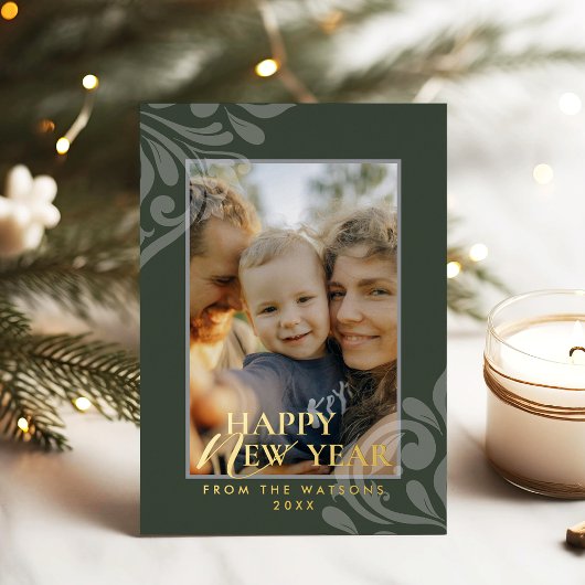 2026 Modern Minimalist Damask Typography Green 箔シーズンカード