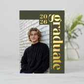 2026 Modern Olive Green Photo Graduation Gold 箔招待状 (立ち正面)