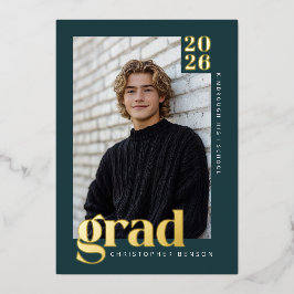 2026 Modern Teal Green 4 Photo Graduation Gold 箔招待状