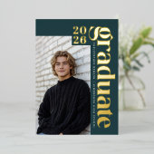 2026 Modern Teal Green Photo Graduation Gold 箔招待状 (立ち正面)