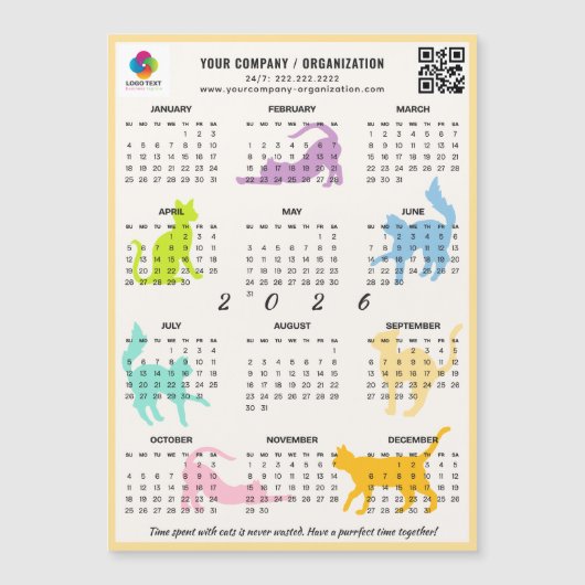 2026 Monthly Calendar Pastel Playful Cat Magnet (正面)