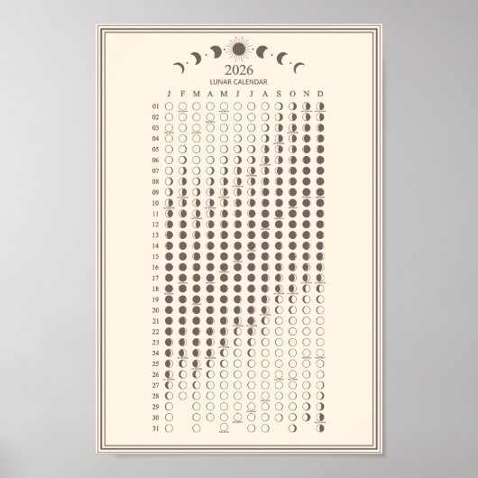2026 Moon Phase Lunar Cycles Calendar Minimalist ポスター (正面)