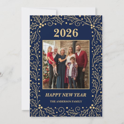2026 Navy & Antique-Gold Family New Year Photo シーズンカード (正面)