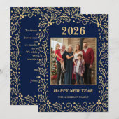 2026 Navy & Antique-Gold Family New Year Photo シーズンカード (正面/裏面)