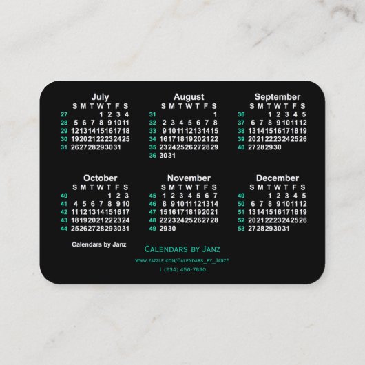 2026 Neon 52週間ISOカレンダー(Janz) 名刺 (裏面)