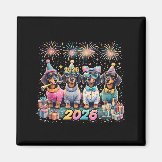 2026 New Year Dachshund Party Fireworks Fun マグネット (正面)