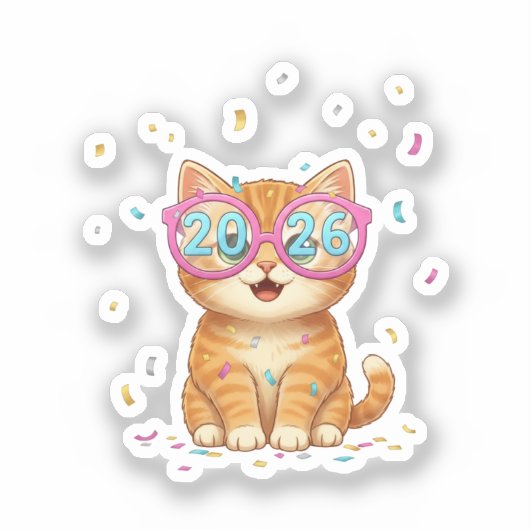 2026 Party Glasses Cat Smiling Feline New Year  シール (正面)