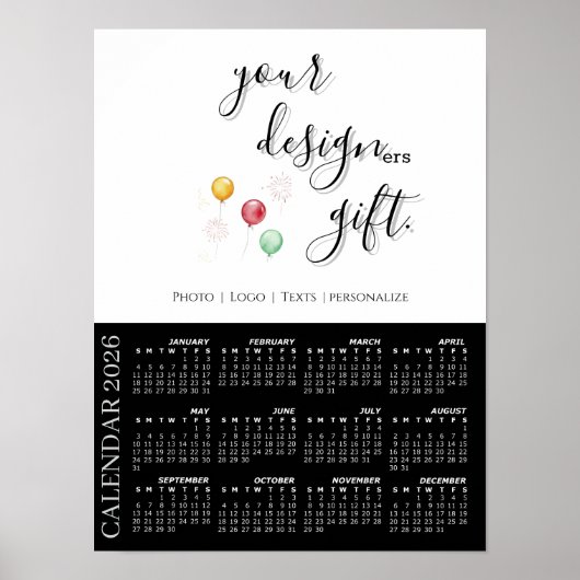 2026 Photo Calendar Template, Large / Black ポスター (正面)