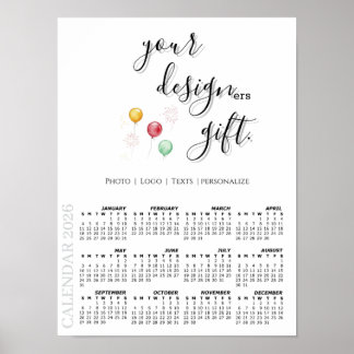 2026 Photo Calendar Template, Large / White ポスター