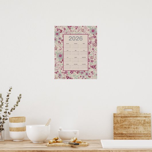 2026 Pink Gray Floral Pattern Calendar ポスター (キッチン)
