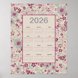 2026 Pink Gray Floral Pattern Calendar ポスター