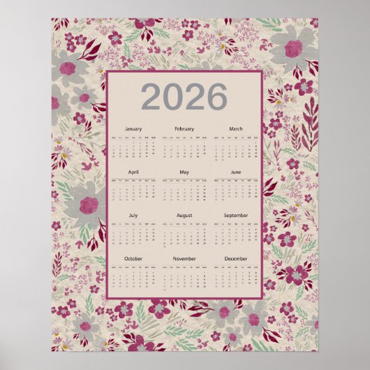 2026 Pink Gray Floral Pattern Calendar ポスター (正面)