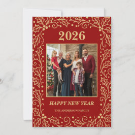 2026 Red & Antique-Gold Family New Year Photo シーズンカード