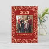 2026 Red & Antique-Gold Family New Year Photo シーズンカード (スタンド正面)