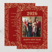 2026 Red & Antique-Gold Family New Year Photo シーズンカード (正面/裏面)