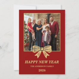 2026 Red & Gold Bow Family New Year Photo シーズンカード