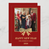 2026 Red & Gold Bow Family New Year Photo シーズンカード (正面/裏面)