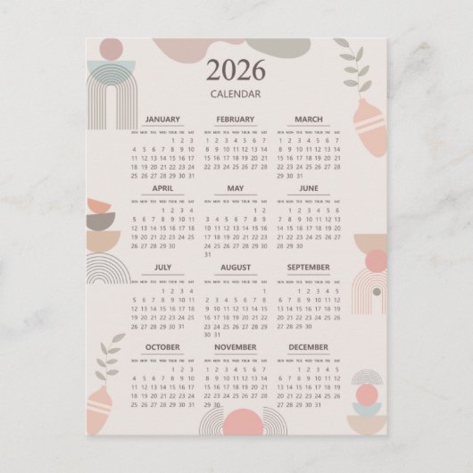 2026 Scandinavian Calendar Boho Aesthetic Beige ポストカード (正面)