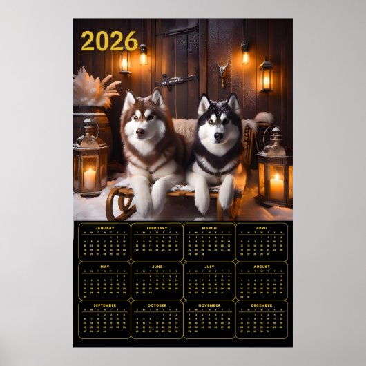 2026 Siberian Huskies on Sled Calendar ポスター (正面)