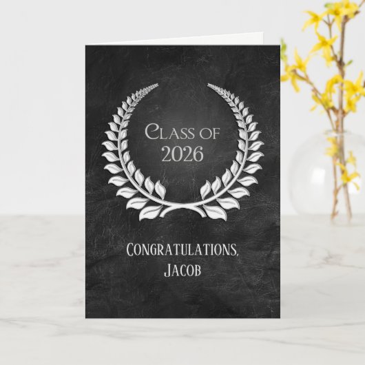 2026 Silver Graduation Laurel Wreath on Leather カード (黄色い花)