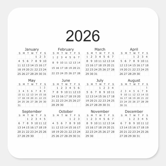 2026 Simple Minimalist Calendar スクエアシール (正面)