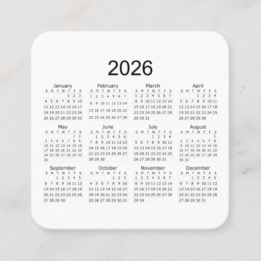 2026 Simple Minimalist Calendar スクエア名刺 (正面)