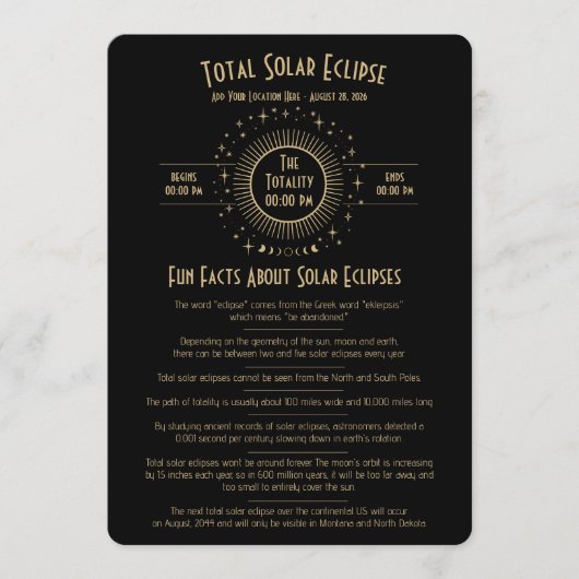 2026 Solar Eclipse Celestial Stars Black Fun Facts 招待状 (正面)