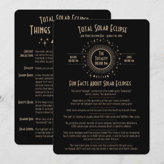 2026 Solar Eclipse Celestial Stars Black Fun Facts 招待状 (正面/裏面)