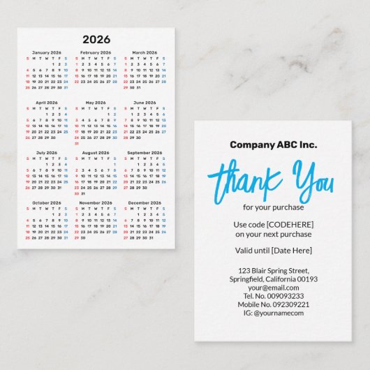 2026 Sunday Calendar Thank You Purchase 名刺 (正面/裏面)