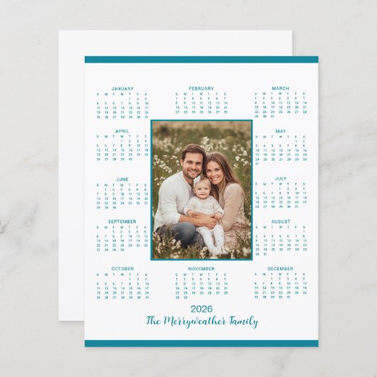 2026 Teal Blue Photo Calendar Holiday Card (正面/裏面)