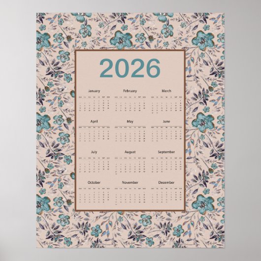 2026 Teal Flowers Calendar ポスター (正面)